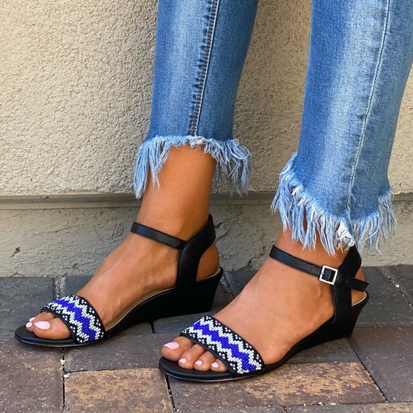 Beads Embellished Ankle Strap Kitten Wedge Sandals - Picture 11 of 11